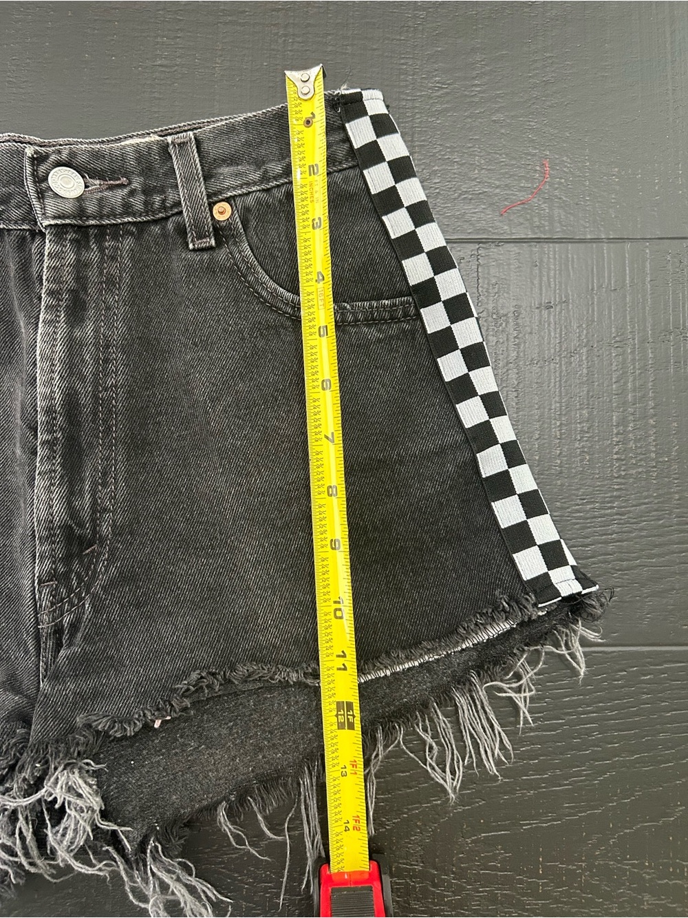 Furst of a kind Black Denim Jean Shorts with Checker Side Trim - Women - Picture 6 of 7